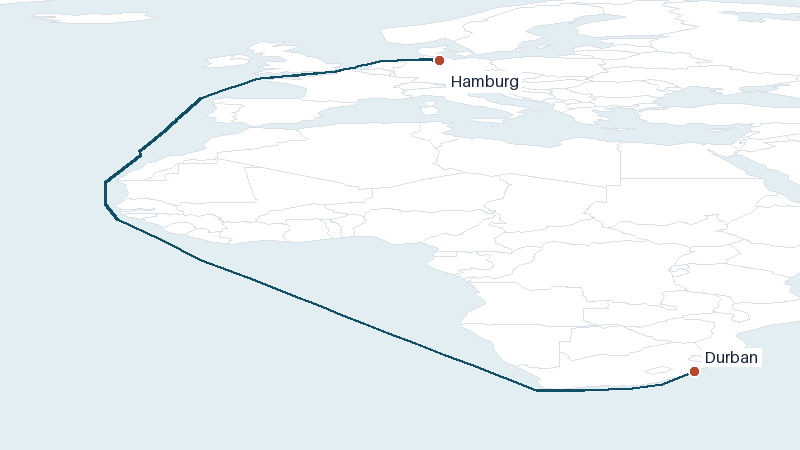 Sea route map from Hamburg to Durban &mdash; 7284 nautical miles