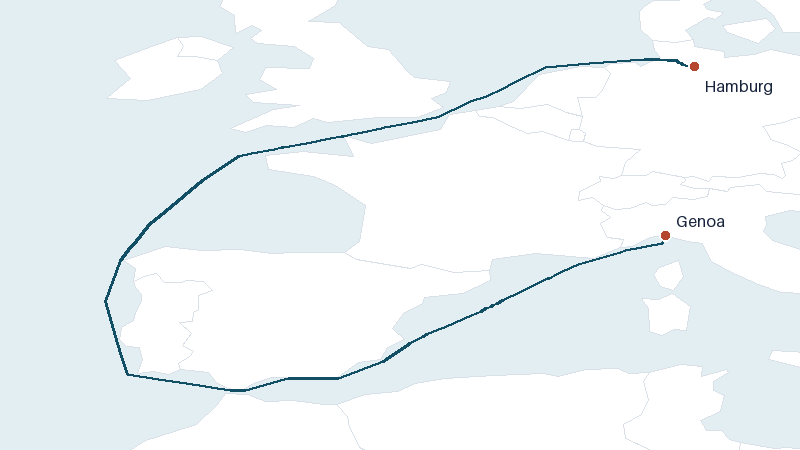 Sea route map from Hamburg to Genoa &mdash; 2513 nautical miles