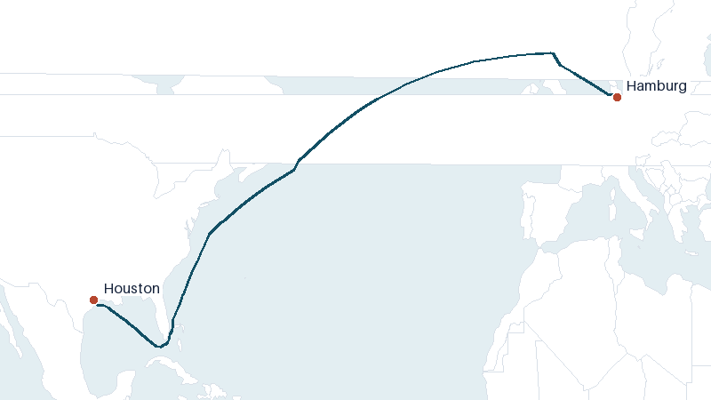 Sea route map from Hamburg to Houston &mdash; 5250 nautical miles