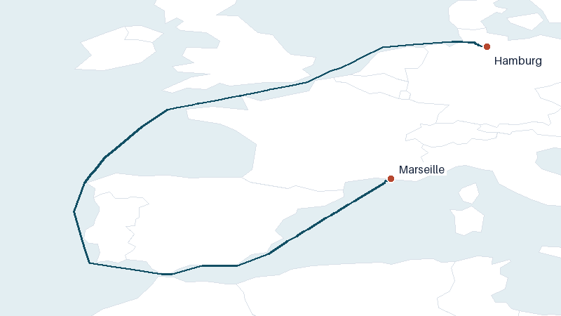 Sea route map from Hamburg to Marseille &mdash; 2347 nautical miles
