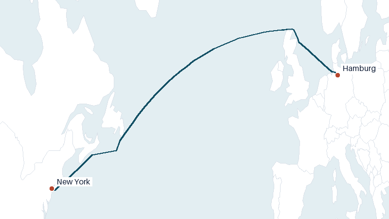 Sea route map from Hamburg to New York &mdash; 3500 nautical miles