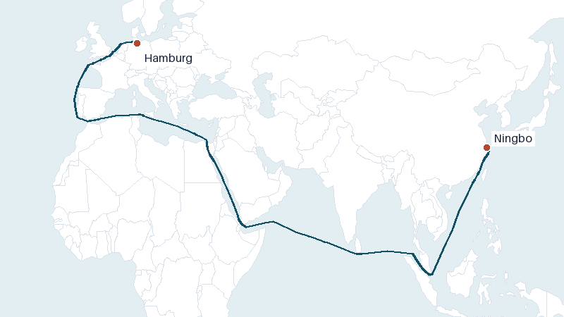 Sea route map from Hamburg to Ningbo &mdash; 10728 nautical miles