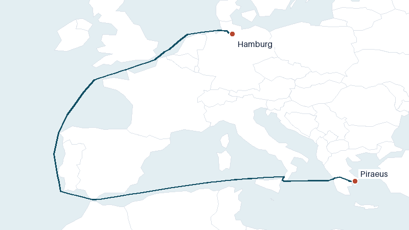 Sea route map from Hamburg to Piraeus &mdash; 3086 nautical miles