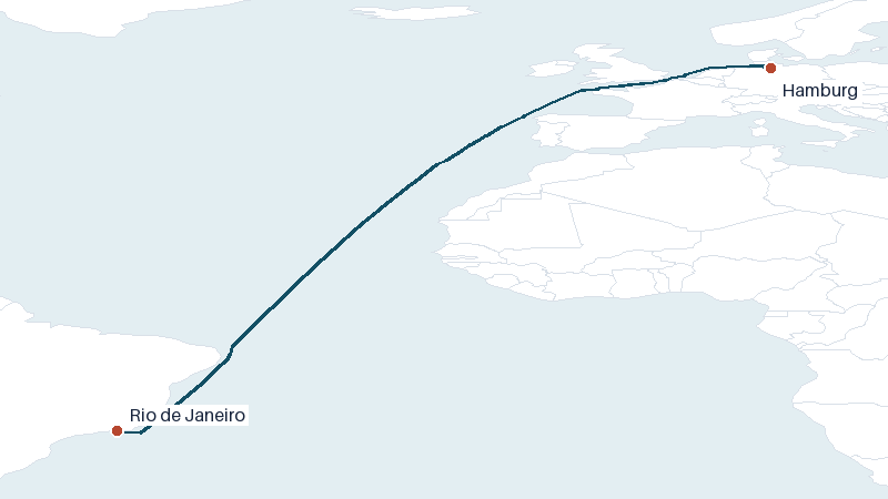 Sea route map from Hamburg to Rio de Janeiro &mdash; 5558 nautical miles