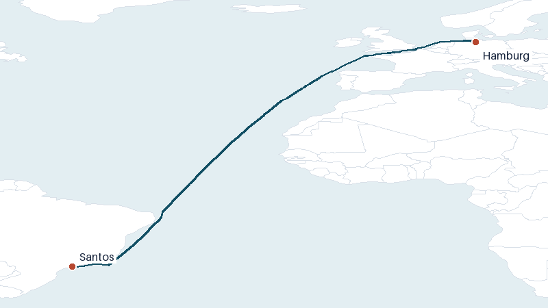 Sea route map from Hamburg to Santos &mdash; 5750 nautical miles