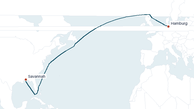 Sea route map from Hamburg to Savannah &mdash; 4971 nautical miles