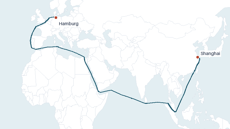 Sea route map from Hamburg to Shanghai &mdash; 10842 nautical miles