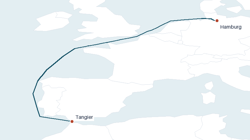 Sea route map from Hamburg to Tangier &mdash; 1627 nautical miles