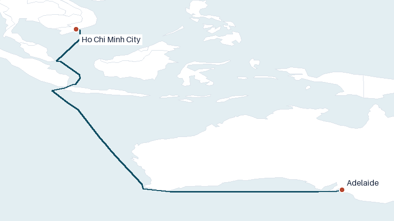 Sea route map from Ho Chi Minh City to Adelaide &mdash; 4197 nautical miles