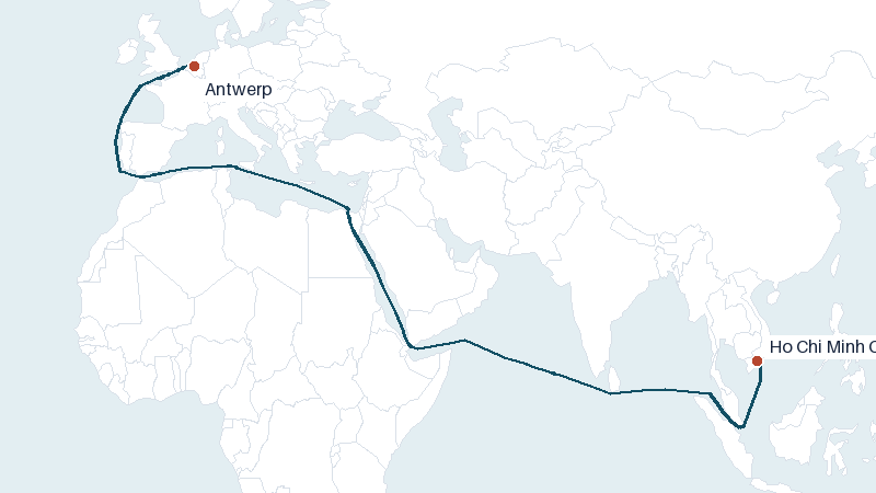 Sea route map from Ho Chi Minh City to Antwerp &mdash; 8991 nautical miles