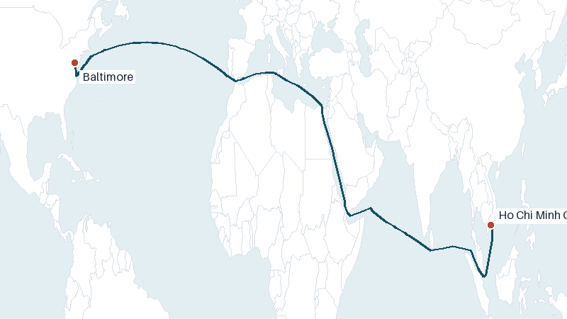Sea route map from Ho Chi Minh City to Baltimore &mdash; 11117 nautical miles
