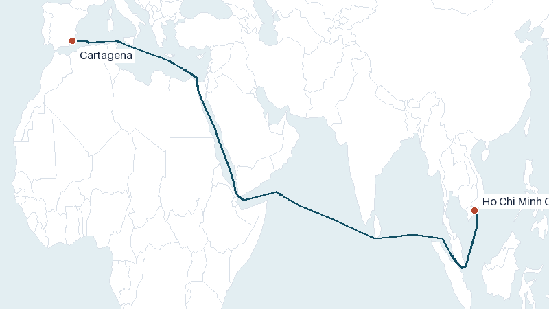 Sea route map from Ho Chi Minh City to Cartagena &mdash; 7408 nautical miles