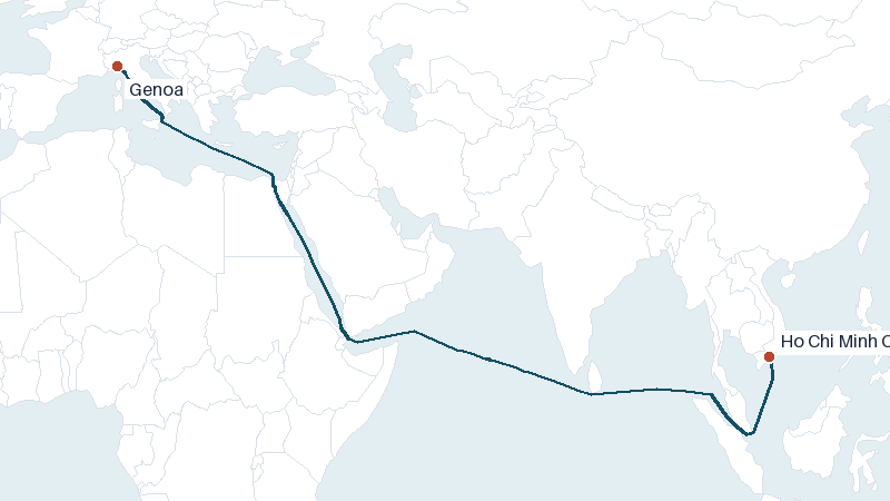Sea route map from Ho Chi Minh City to Genoa &mdash; 7140 nautical miles