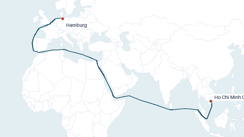 Sea route map from Ho Chi Minh City to Hamburg &mdash; 9263 nautical miles