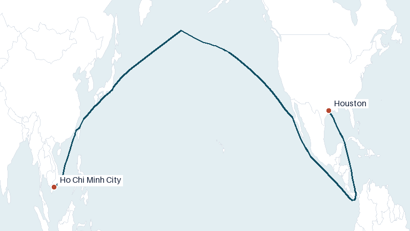 Sea route map from Ho Chi Minh City to Houston &mdash; 11745 nautical miles