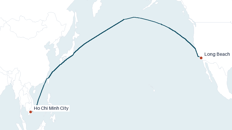 Sea route map from Ho Chi Minh City to Long Beach &mdash; 7303 nautical miles