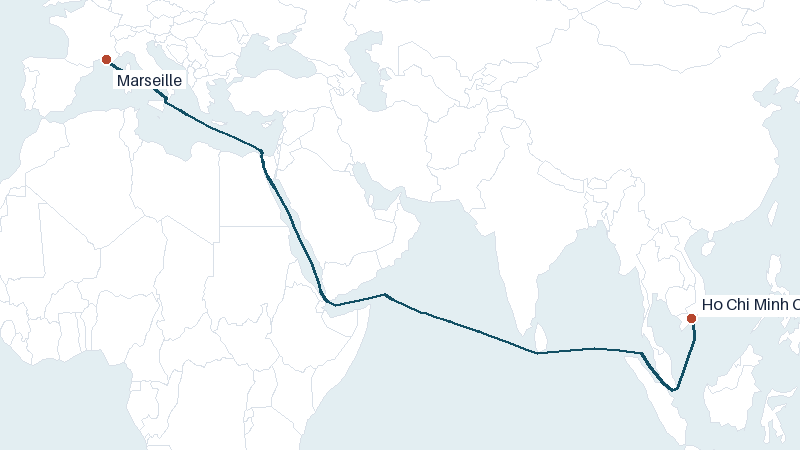 Sea route map from Ho Chi Minh City to Marseille &mdash; 7242 nautical miles