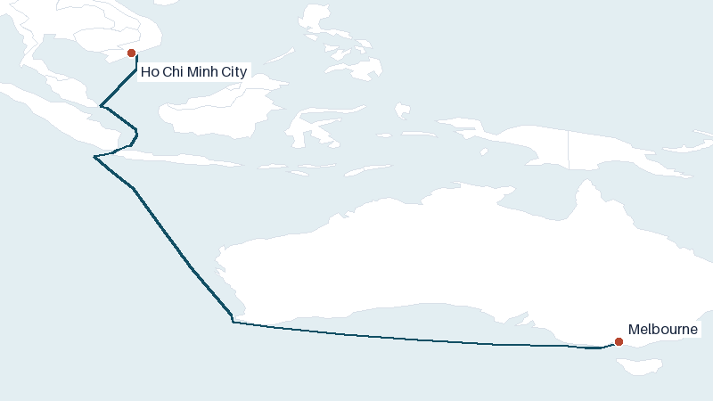 Sea route map from Ho Chi Minh City to Melbourne &mdash; 4520 nautical miles