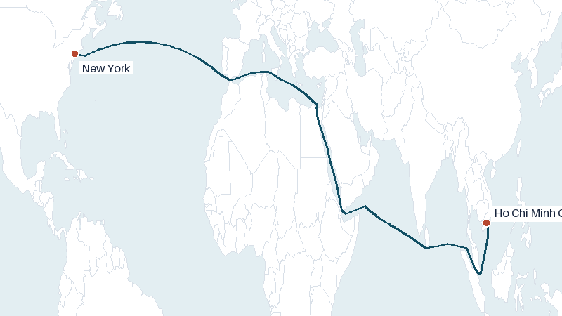 Sea route map from Ho Chi Minh City to New York &mdash; 10815 nautical miles