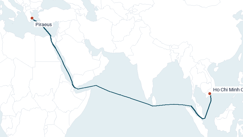 Sea route map from Ho Chi Minh City to Piraeus &mdash; 6298 nautical miles