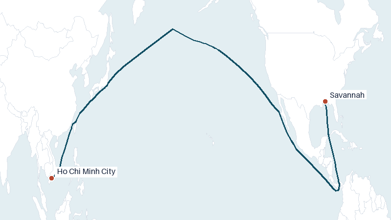 Sea route map from Ho Chi Minh City to Savannah &mdash; 11606 nautical miles
