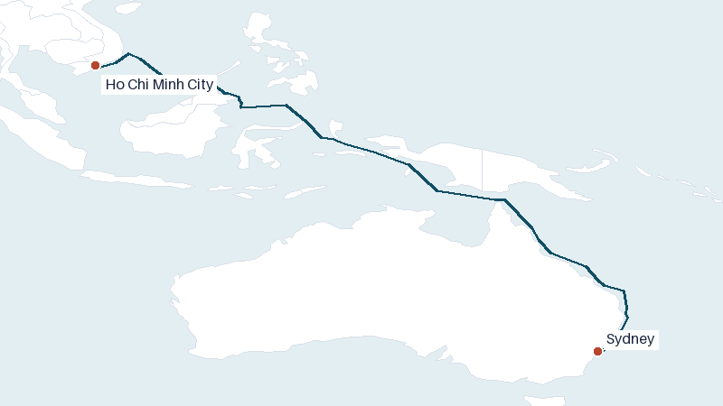 Sea route map from Ho Chi Minh City to Sydney &mdash; 4647 nautical miles