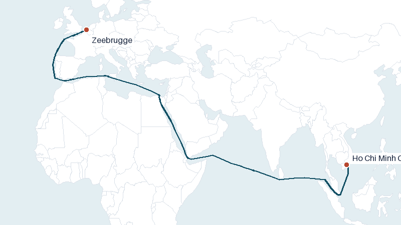 Sea route map from Ho Chi Minh City to Zeebrugge &mdash; 8952 nautical miles