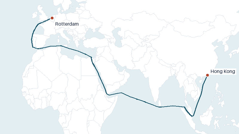 Sea route map from Hong Kong to Rotterdam &mdash; 9816 nautical miles