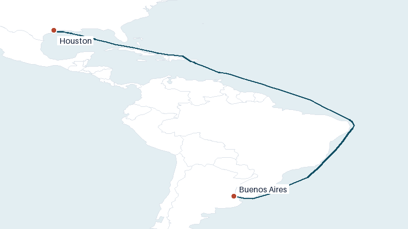 Sea route map from Houston to Buenos Aires &mdash; 6511 nautical miles
