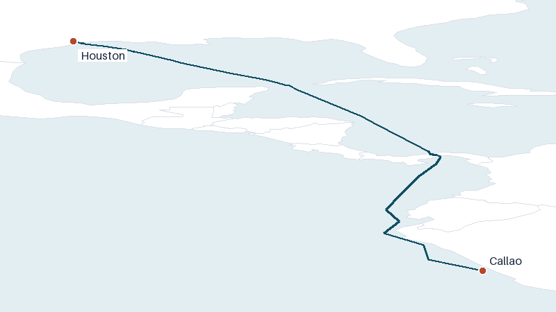 Sea route map from Houston to Callao &mdash; 2939 nautical miles