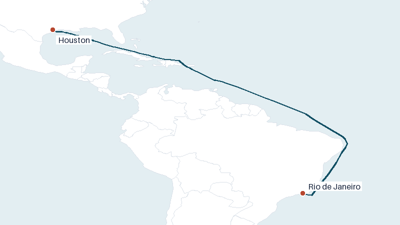 Sea route map from Houston to Rio de Janeiro &mdash; 5428 nautical miles