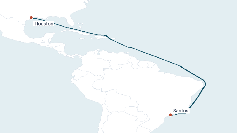 Sea route map from Houston to Santos &mdash; 5620 nautical miles