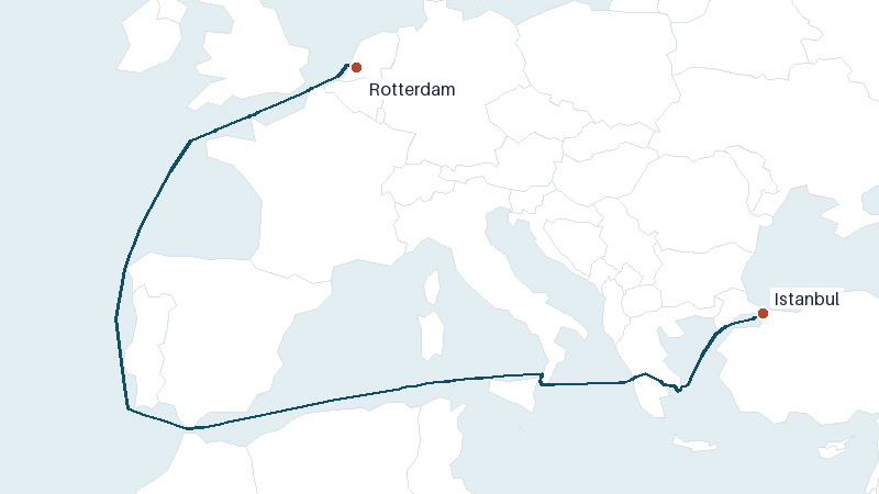 Sea route map from Istanbul to Rotterdam &mdash; 3186 nautical miles