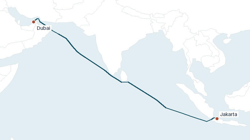 Sea route map from Jakarta to Dubai &mdash; 3827 nautical miles