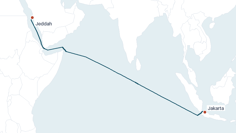 Sea route map from Jakarta to Jeddah &mdash; 4666 nautical miles