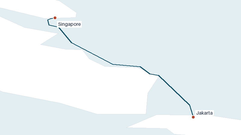 Sea route map from Jakarta to Singapore &mdash; 514 nautical miles