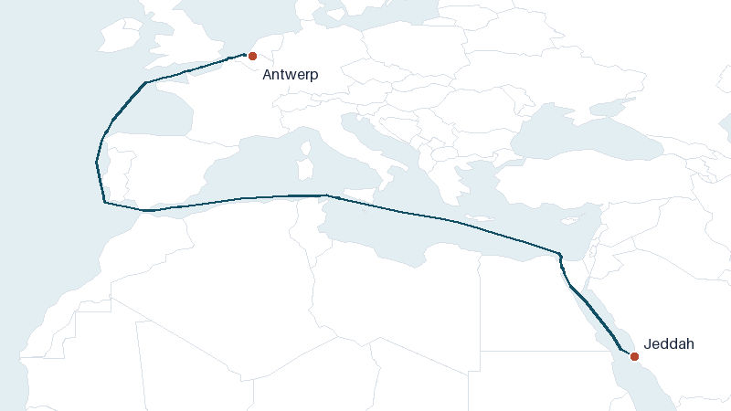 Sea route map from Jeddah to Antwerp &mdash; 4005 nautical miles