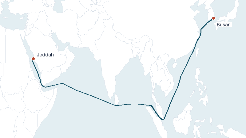 Sea route map from Jeddah to Busan &mdash; 6920 nautical miles