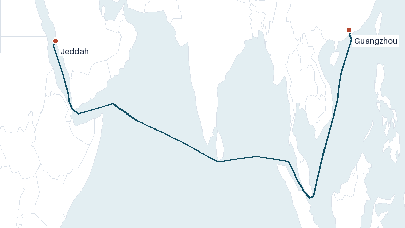 Sea route map from Jeddah to Guangzhou &mdash; 5861 nautical miles