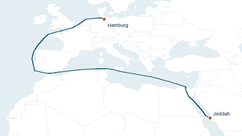 Sea route map from Jeddah to Hamburg &mdash; 4278 nautical miles