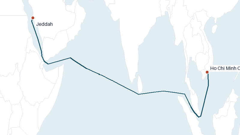 Sea route map from Jeddah to Ho Chi Minh City &mdash; 5018 nautical miles