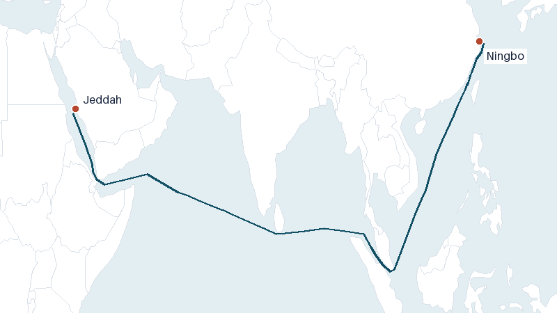 Sea route map from Jeddah to Ningbo &mdash; 6483 nautical miles