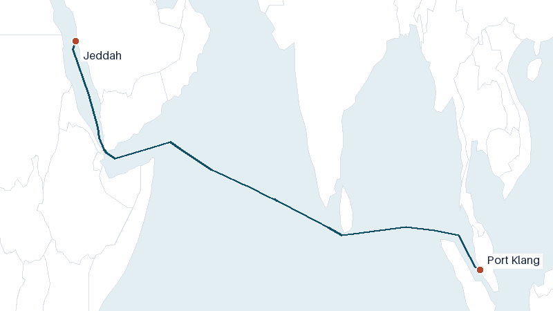 Sea route map from Jeddah to Port Klang &mdash; 4204 nautical miles