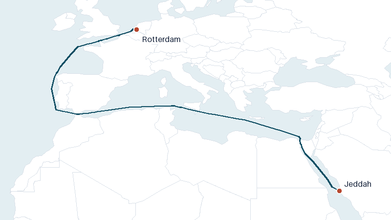 Sea route map from Jeddah to Rotterdam &mdash; 4026 nautical miles