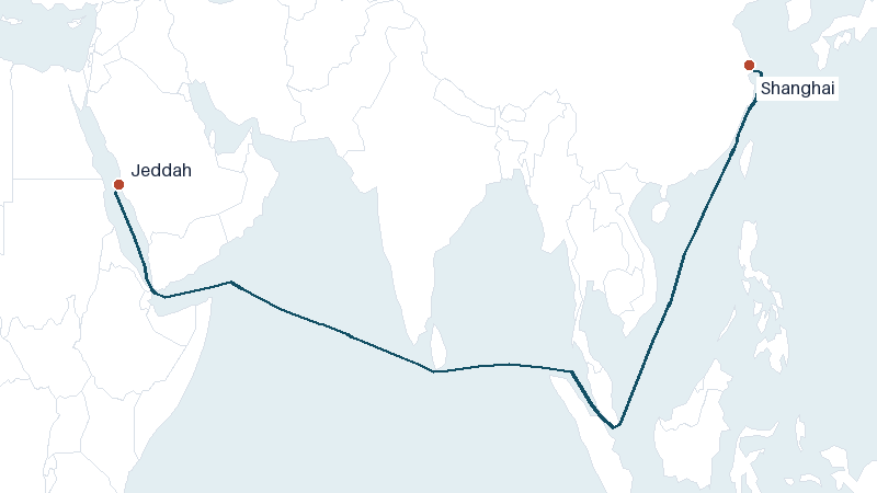 Sea route map from Jeddah to Shanghai &mdash; 6597 nautical miles