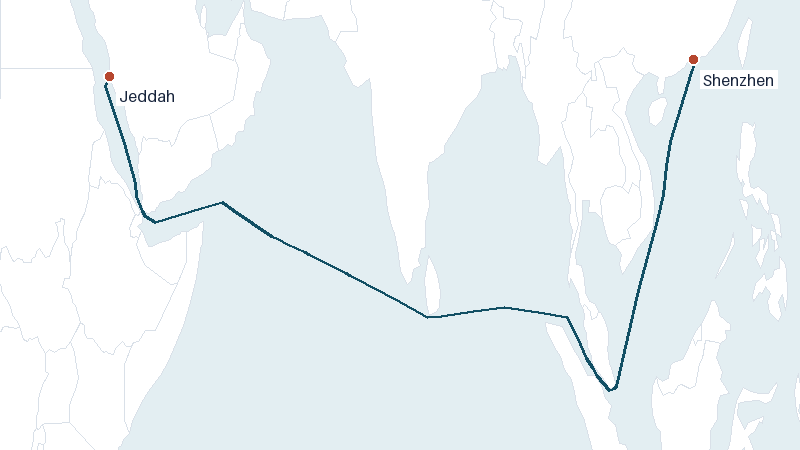 Sea route map from Jeddah to Shenzhen &mdash; 5843 nautical miles