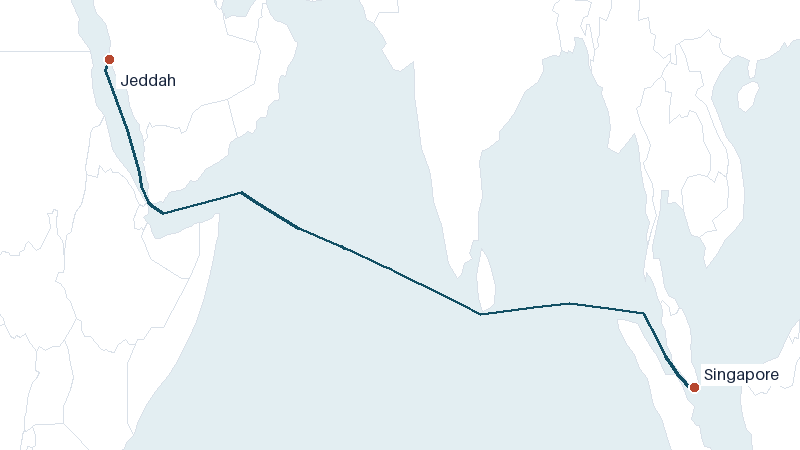 Sea route map from Jeddah to Singapore &mdash; 4389 nautical miles