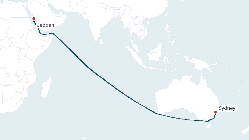 Sea route map from Jeddah to Sydney &mdash; 7682 nautical miles