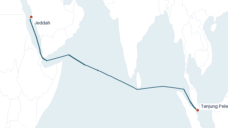Sea route map from Jeddah to Tanjung Pelepas &mdash; 4387 nautical miles