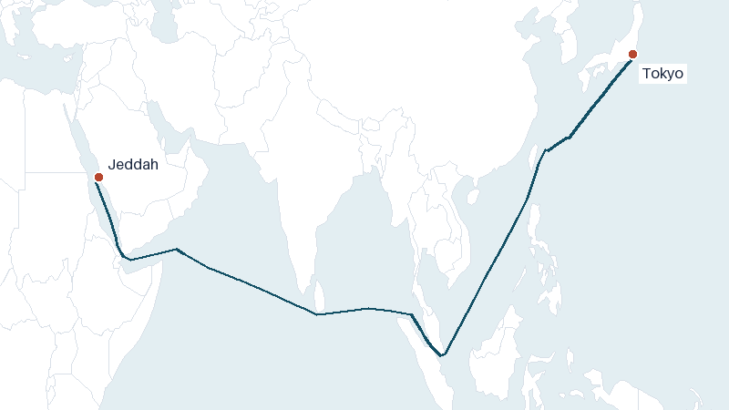Sea route map from Jeddah to Tokyo &mdash; 7335 nautical miles